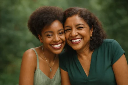 A smiling family caregiver and the senior she cares for, cheek to cheek outdoors in Georgia.
